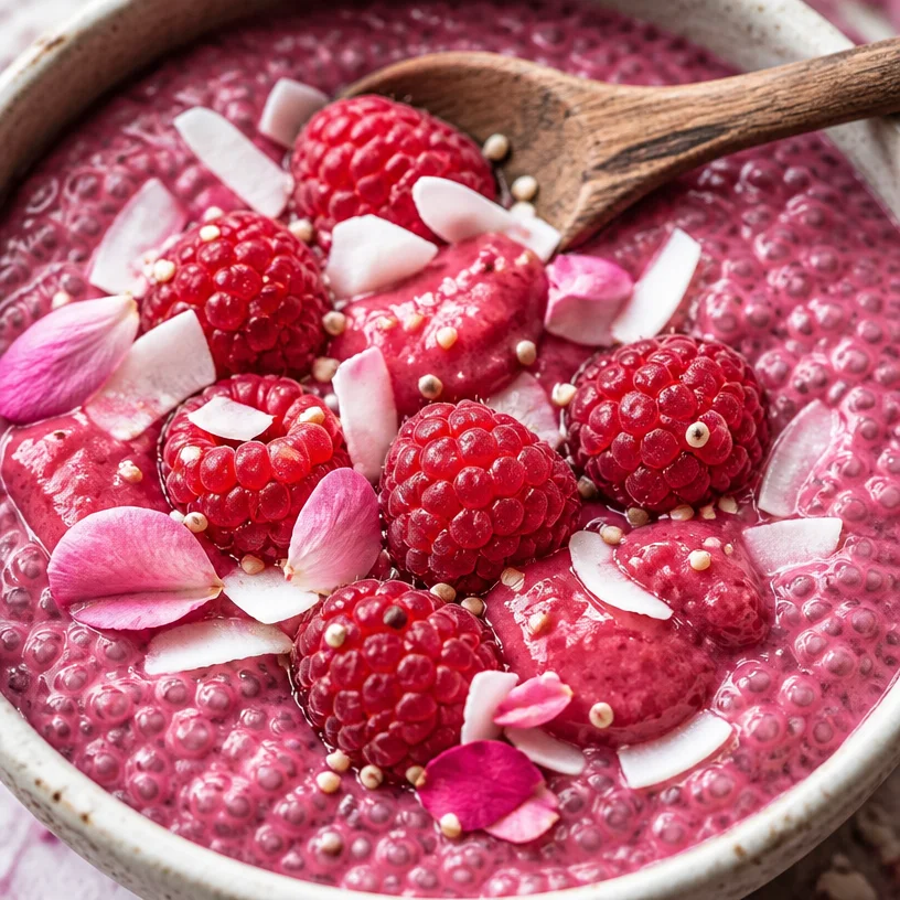 Pudding de chia à la framboise dans un joli bol avec des framboises fraîches
