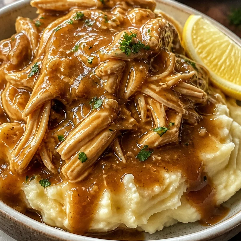 Pulled chicken accompanied by creamy mashed potatoes on a plate