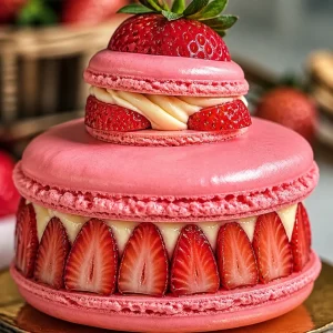 Religieuse aux macarons fraises, une pâtisserie française délicieuse et colorée.