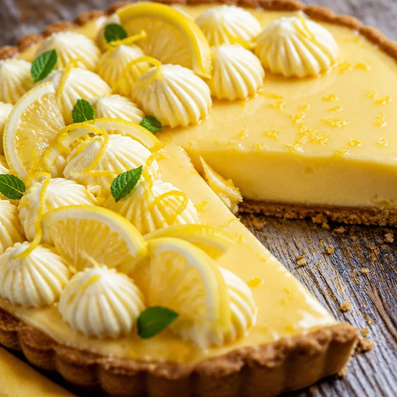 Tarte au mascarpone au citron garnie de zestes de citron et de crème douce