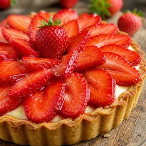 Tarte aux Fraises garnie de fraises fraîches et crème pâtissière