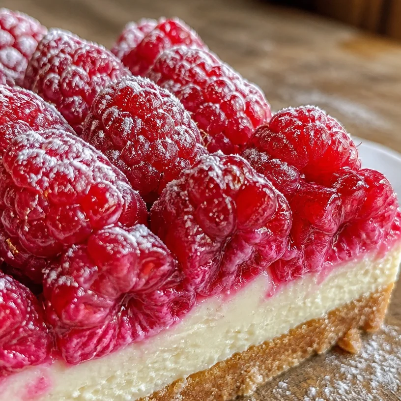 Tarte aux framboises fraîche avec une garniture de framboises sucrées et croûte dorée.