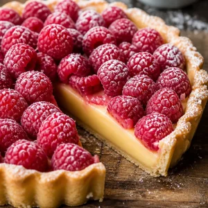 Tarte aux framboises beurrée délicieuse et colorée, garnie de framboises fraîches.