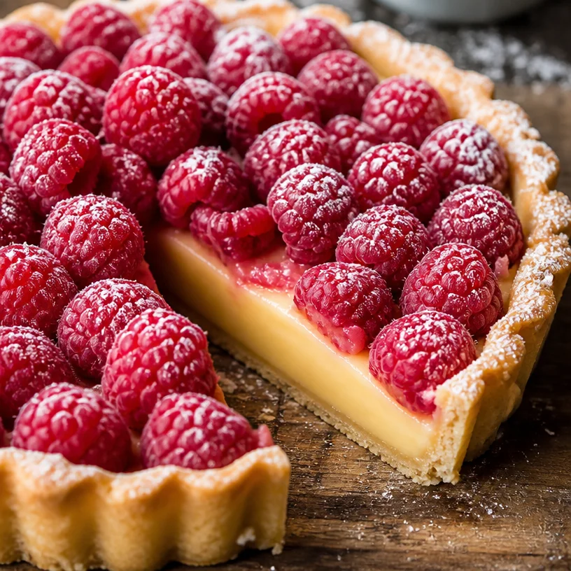 Tarte aux framboises beurrée délicieuse et colorée, garnie de framboises fraîches.