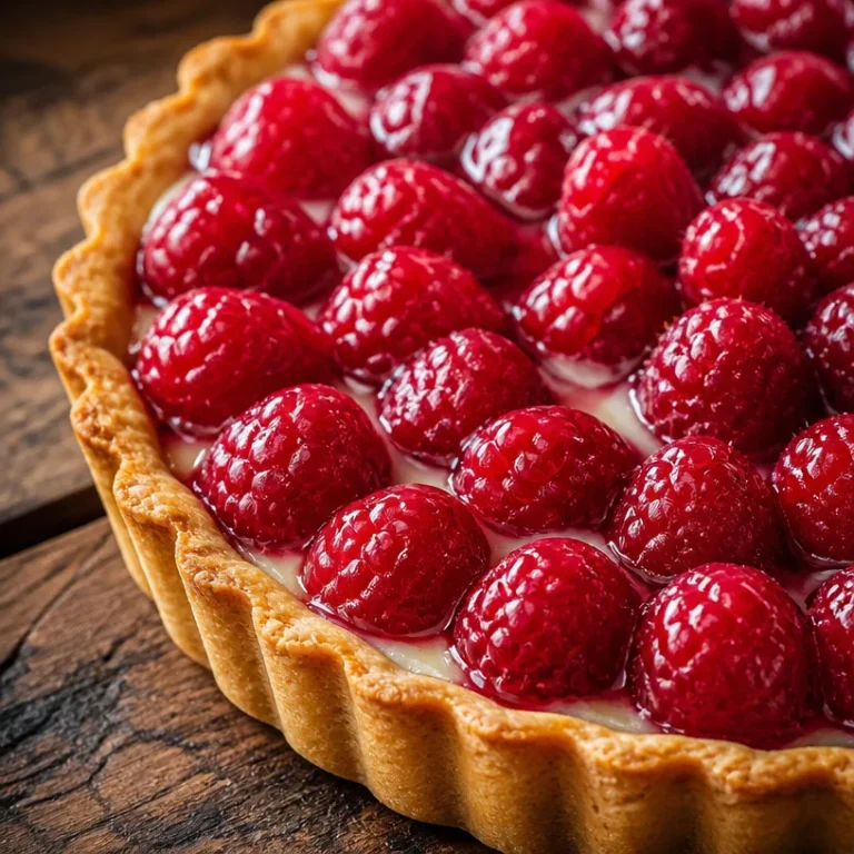 Tarte aux framboises maison garnie de framboises fraîches et de crème pâtissière.