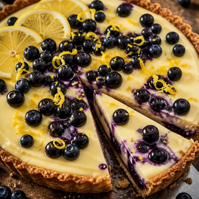 Tarte aux myrtilles et au citron sans cuisson sur une table
