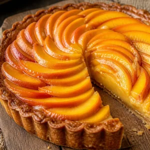 Tarte aux Pêches garnie de pêches fraîches et savoureuses sur une croûte dorée
