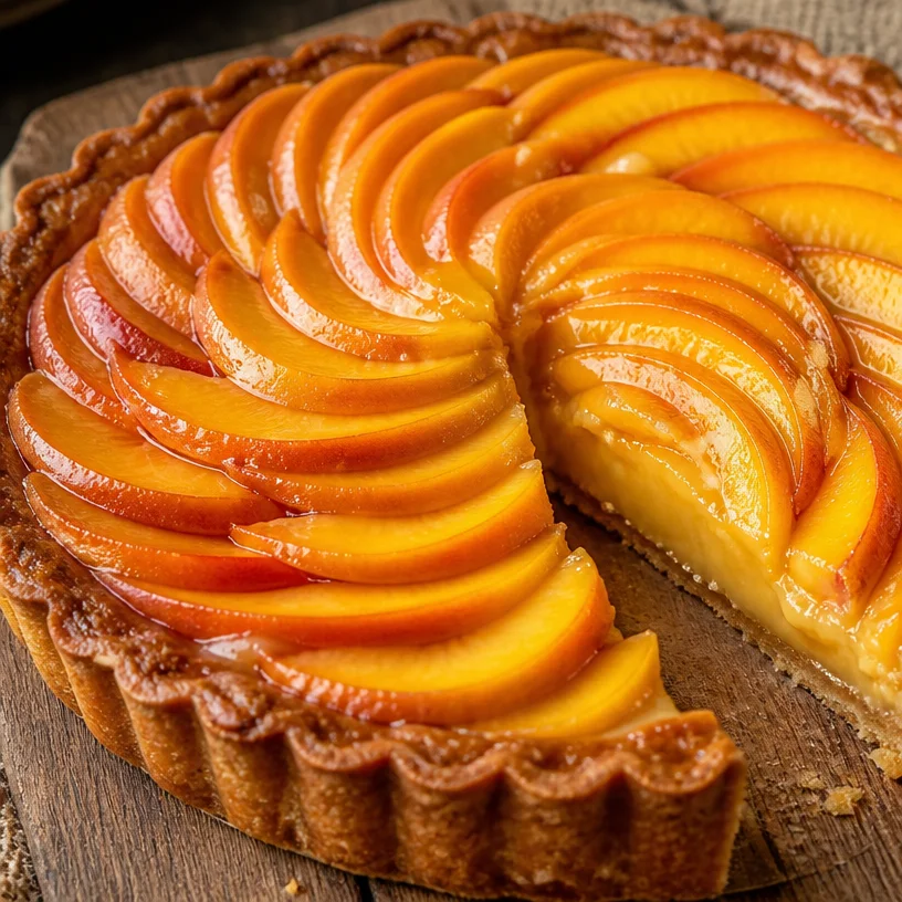 Tarte aux Pêches garnie de pêches fraîches et savoureuses sur une croûte dorée