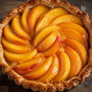Tarte aux pêches à croûte beurrée, un dessert savoureux et fruité.
