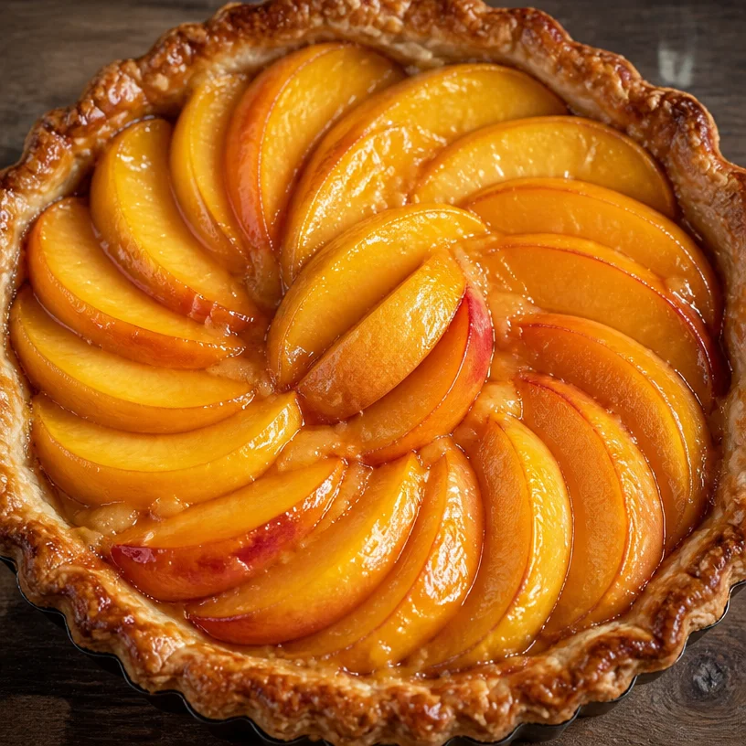 Tarte aux pêches à croûte beurrée, un dessert savoureux et fruité.