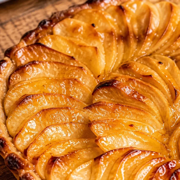 Tarte aux Pommes Caramélisées avec pommes dorées et caramel sur une croûte dorée.