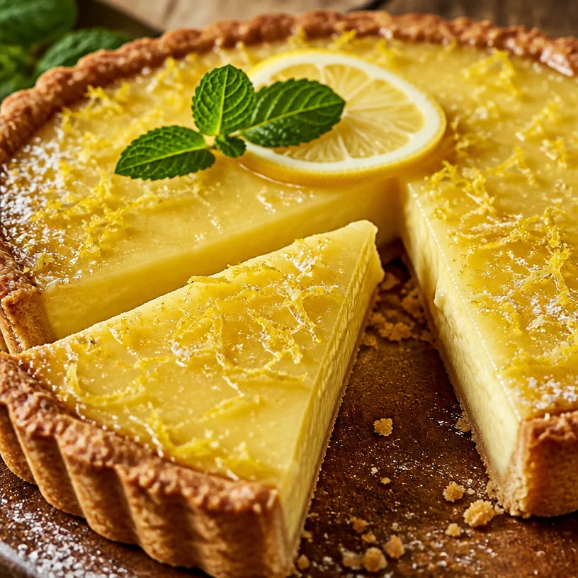 Tarte Crème de Citron classique, dessert léger et acidulé, sur une assiette blanche.