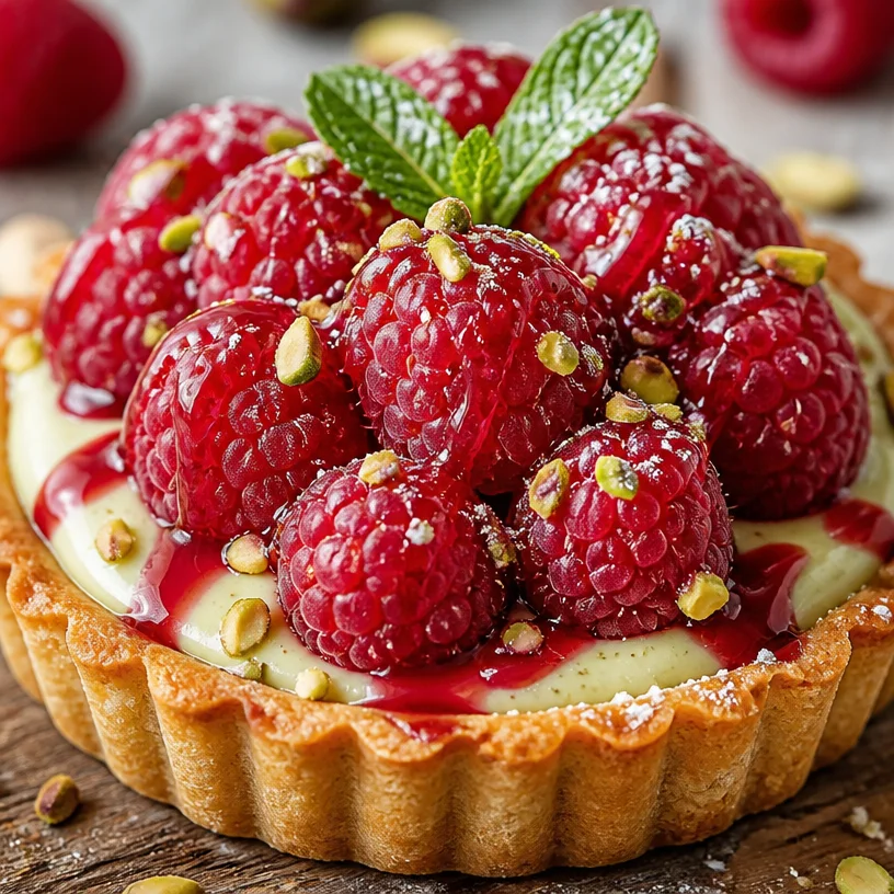 Tarte à la crème de pistache et framboise, dessert gourmand et coloré.
