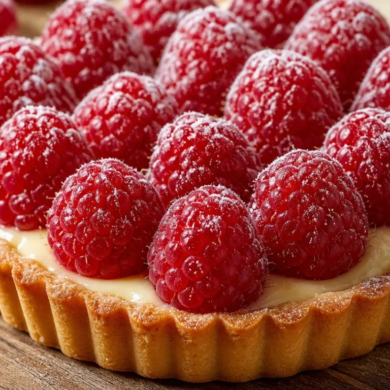 Tarte à la crème vanille garnie de framboises fraîches sur une assiette