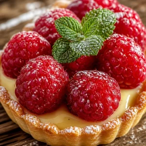 Tarte vanille-framboise délicieuse avec une croûte dorée et une garniture colorée.