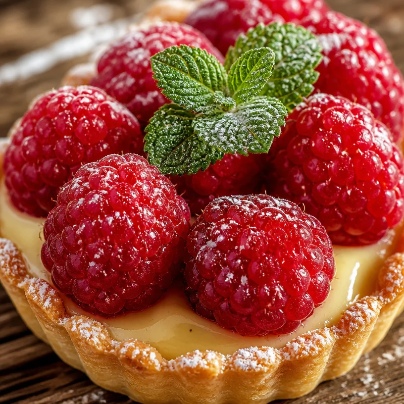 Tarte vanille-framboise délicieuse avec une croûte dorée et une garniture colorée.