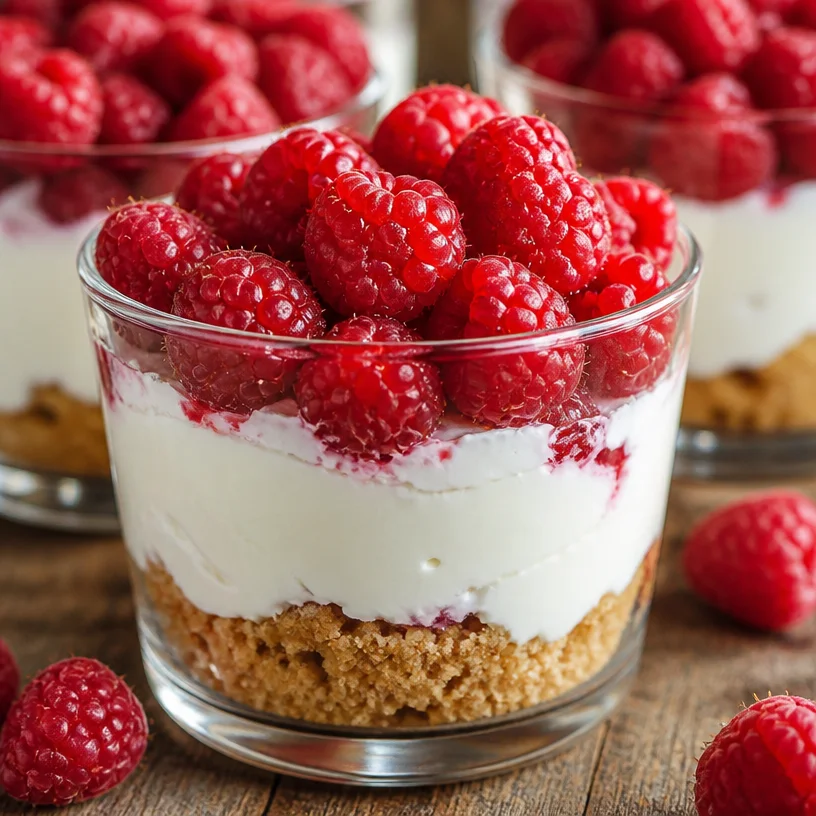 Verres de cheesecake aux framboises sans cuisson, dessert frais et onctueux.