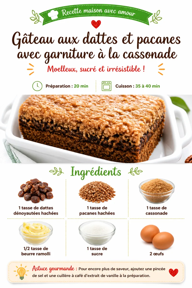 Gâteau aux dattes et pacanes avec garniture à la cassonade